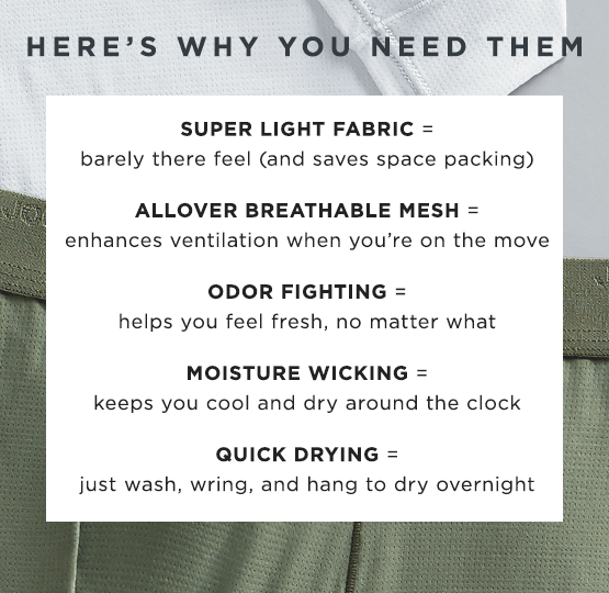 Super light fabric / allover breathable mesh / odor fighting / moisture wicking / quick drying
